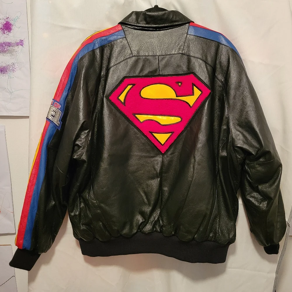 Vintage 2003 Warner Bros. Superman Man Of Steel Black Leather Jacket - Picture 6 of 9